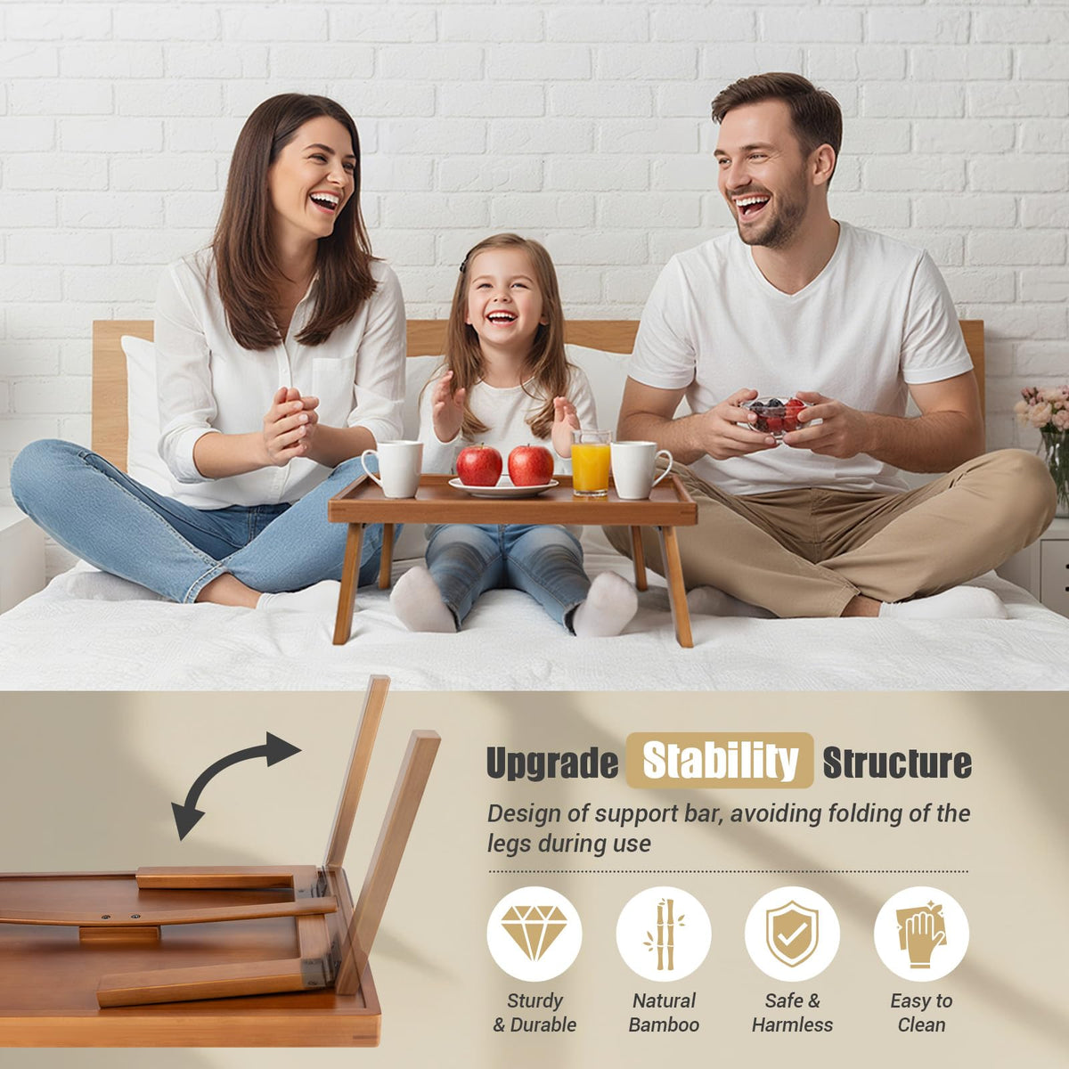 Bmboryxa bamboo bed tray with foldable legs allows easy setup.