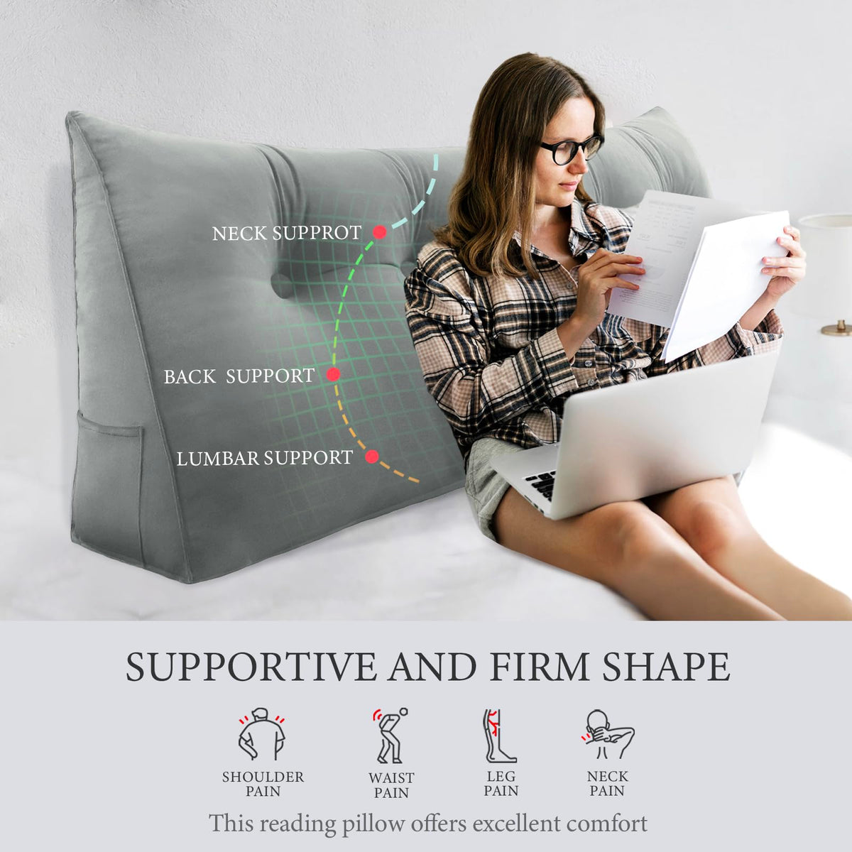 BNCKTRD bed-support pillow with side pockets keeps essentials within reach.