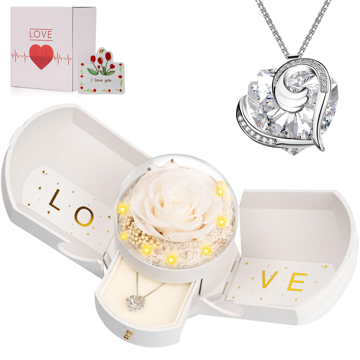 BNWXOY preserved white rose necklace showing lasting romance.