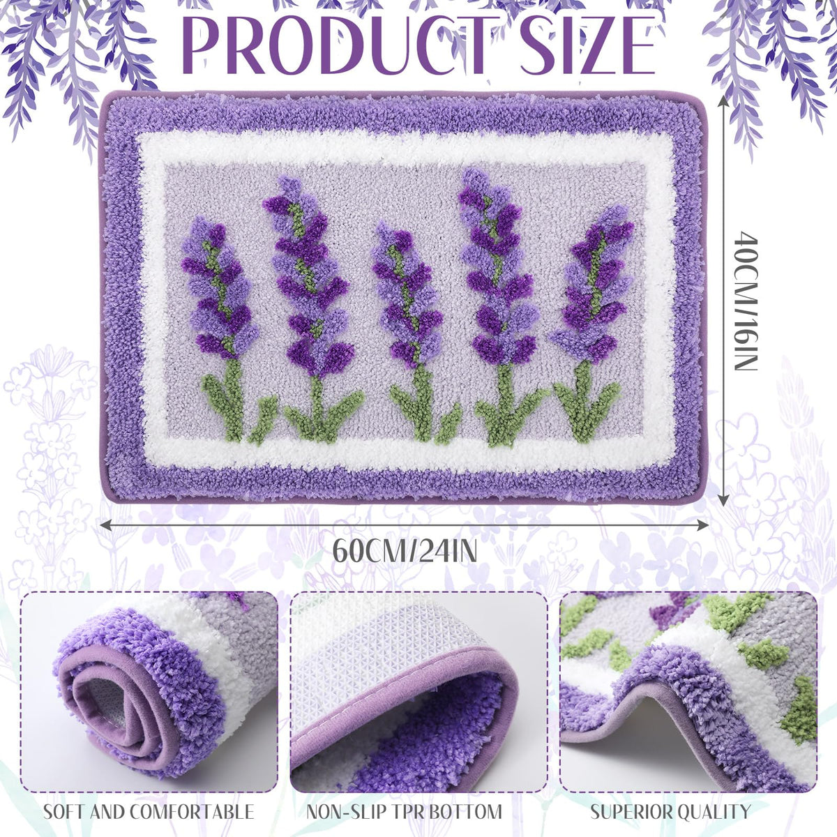 Boao Lavender Bath Mat features non-slip backing for safer floors.