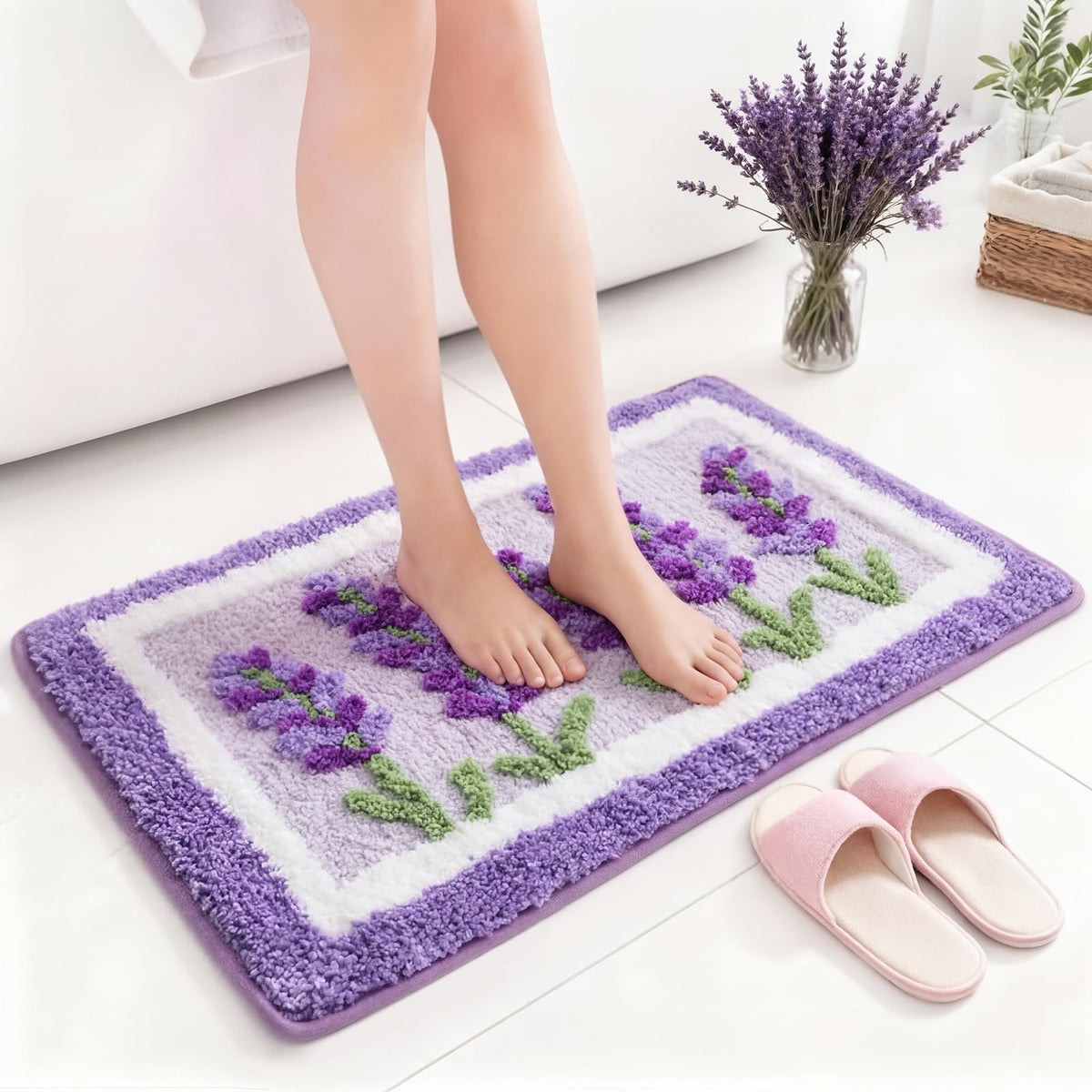 Boao Lavender Bath Mat with spring-design motif brightens bathrooms.