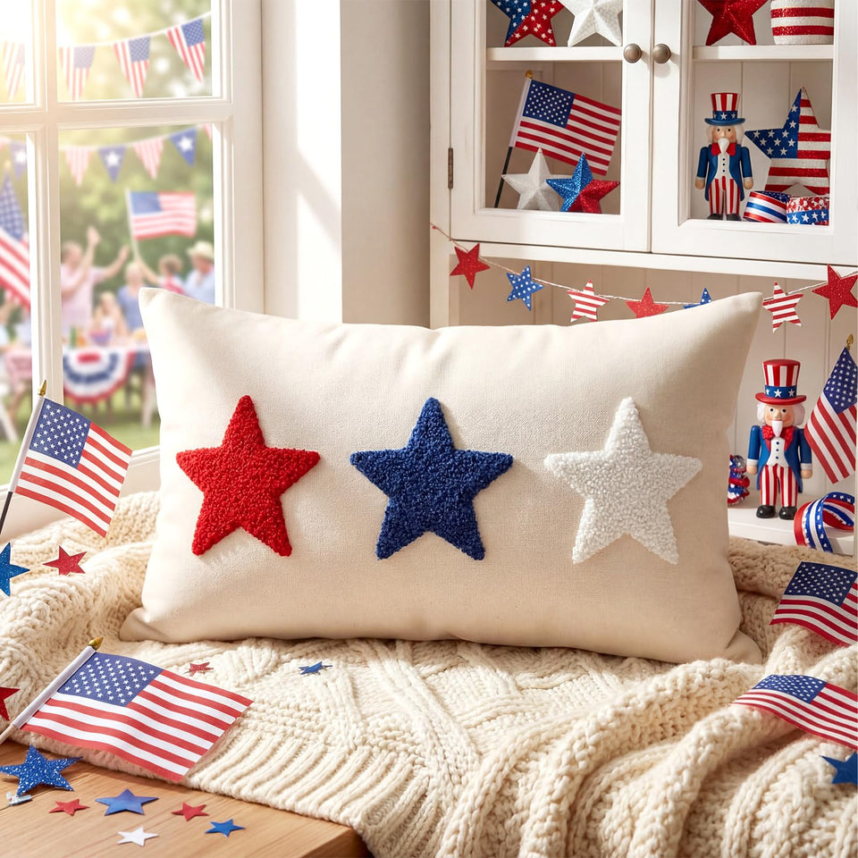Boao star-embroidery pillow cover for festive Independence Day decor.