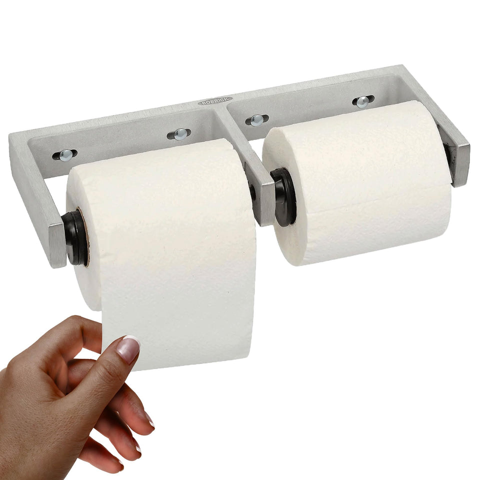 Bobrick B-2740 double-roll dispenser front view with a durable satin finish