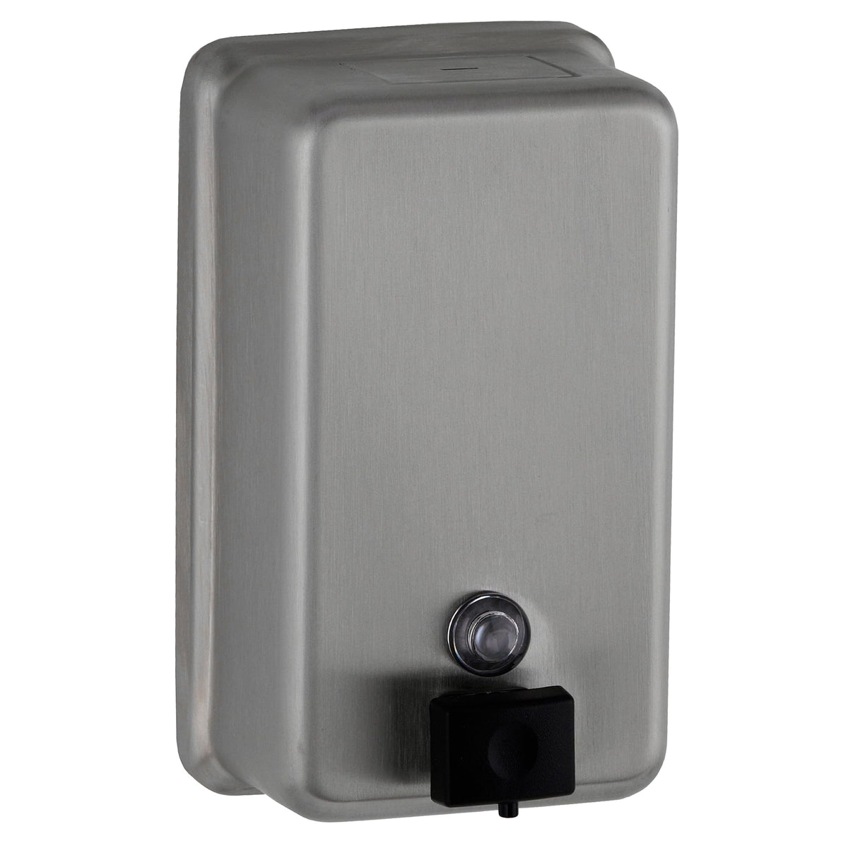 Bobrick soap dispenser vertical tank front view showing durable stainless steel