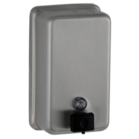 Bobrick soap dispenser vertical tank front view showing durable stainless steel