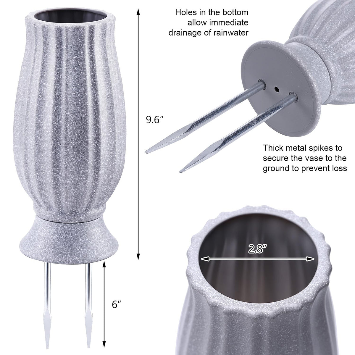 Bocola cemetery vase with 7-inch metal spikes for stable outdoor placement.