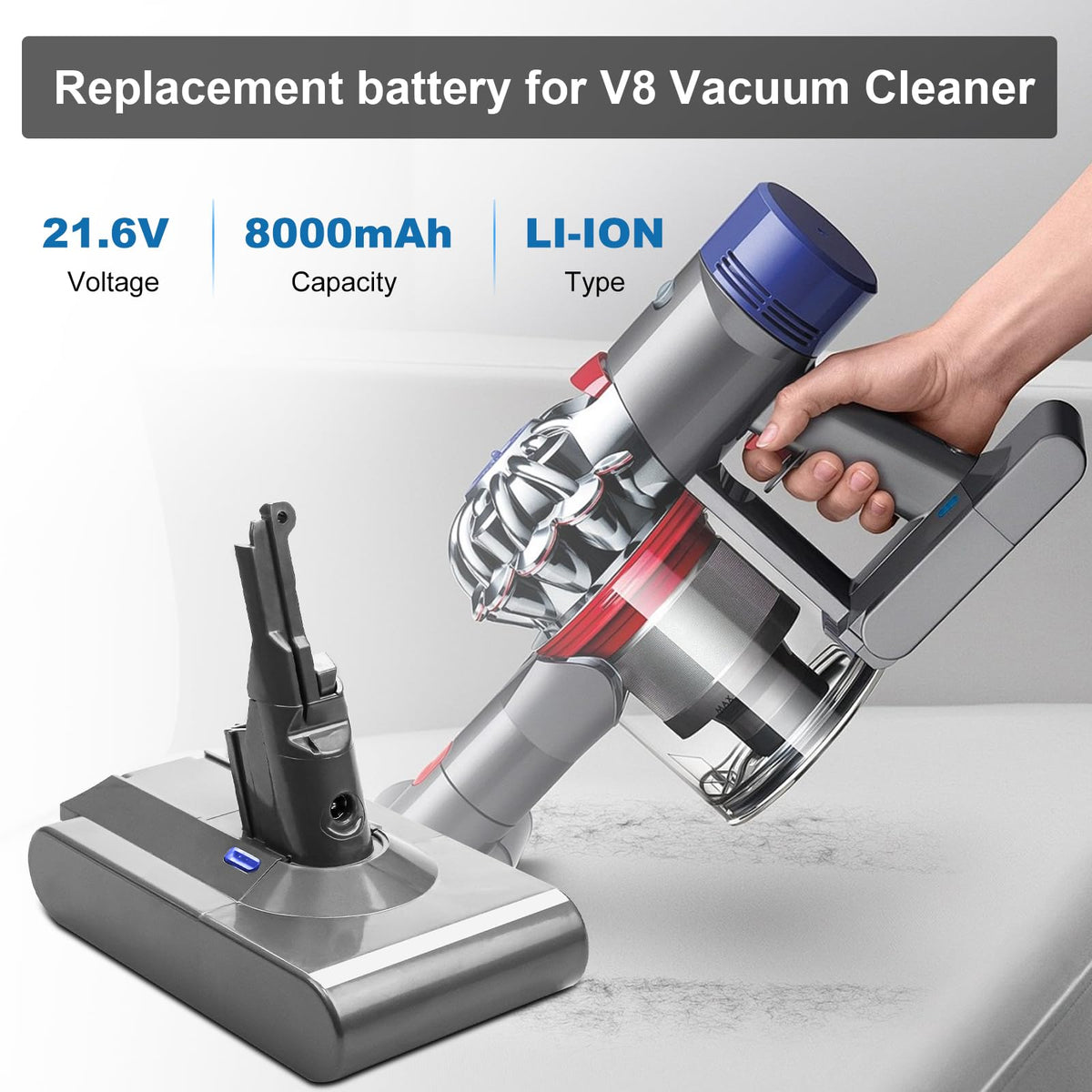 Boetpcr 8000mAh 21.6V V8 replacement battery side view shows compact profile