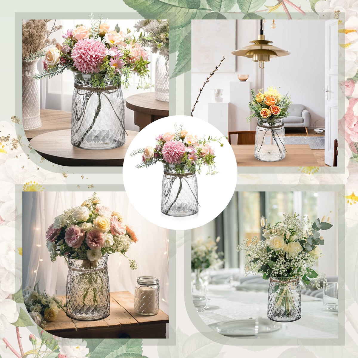 Bokon vintage-style vases with transparent finish for graceful flower arrangements.