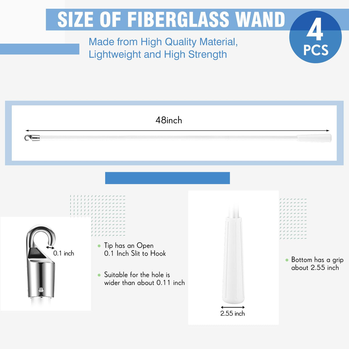 Bokon white fiberglass blind wand with hook for smooth operation