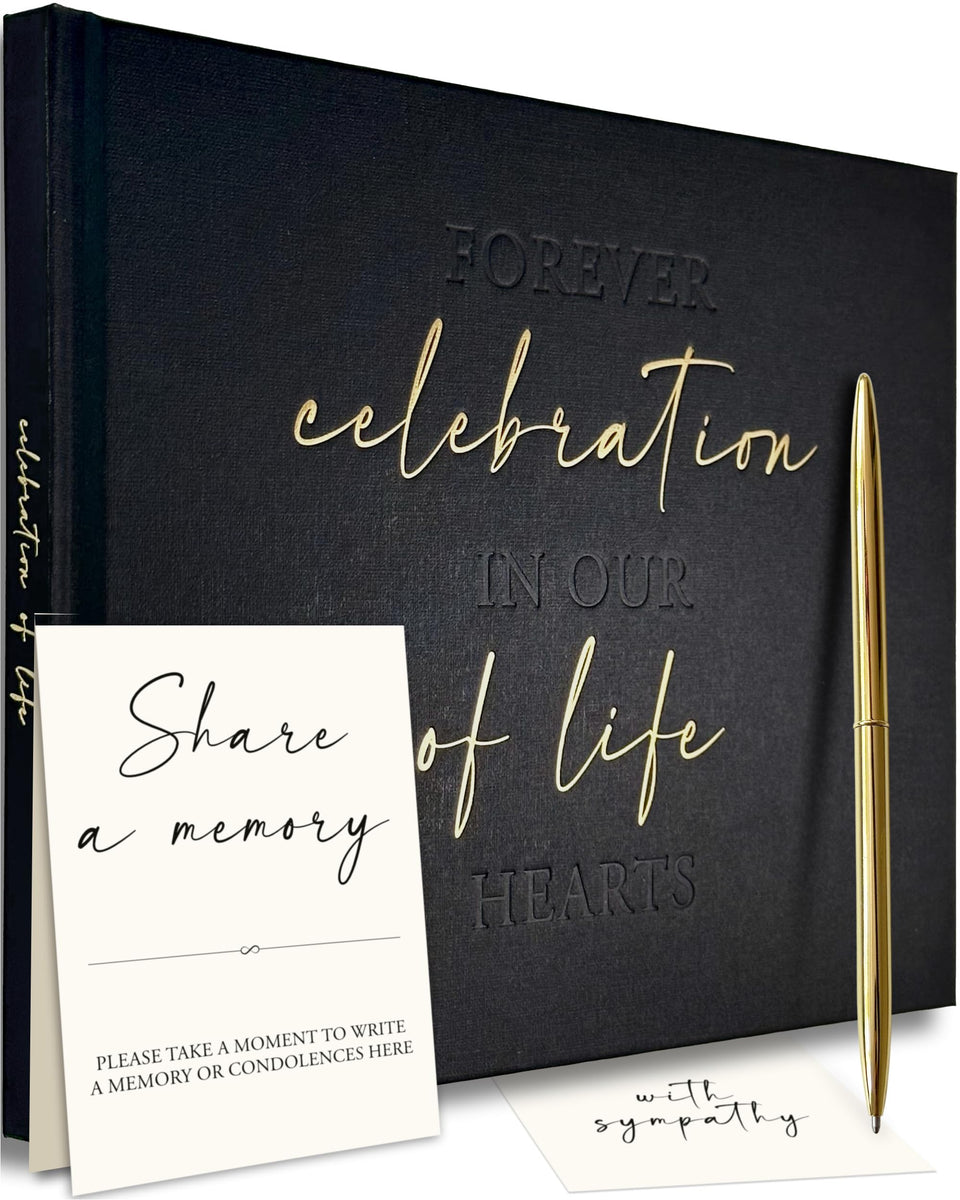 Bold Tuesday funeral guest book cover with gold foil accents for a dignified memorial service.