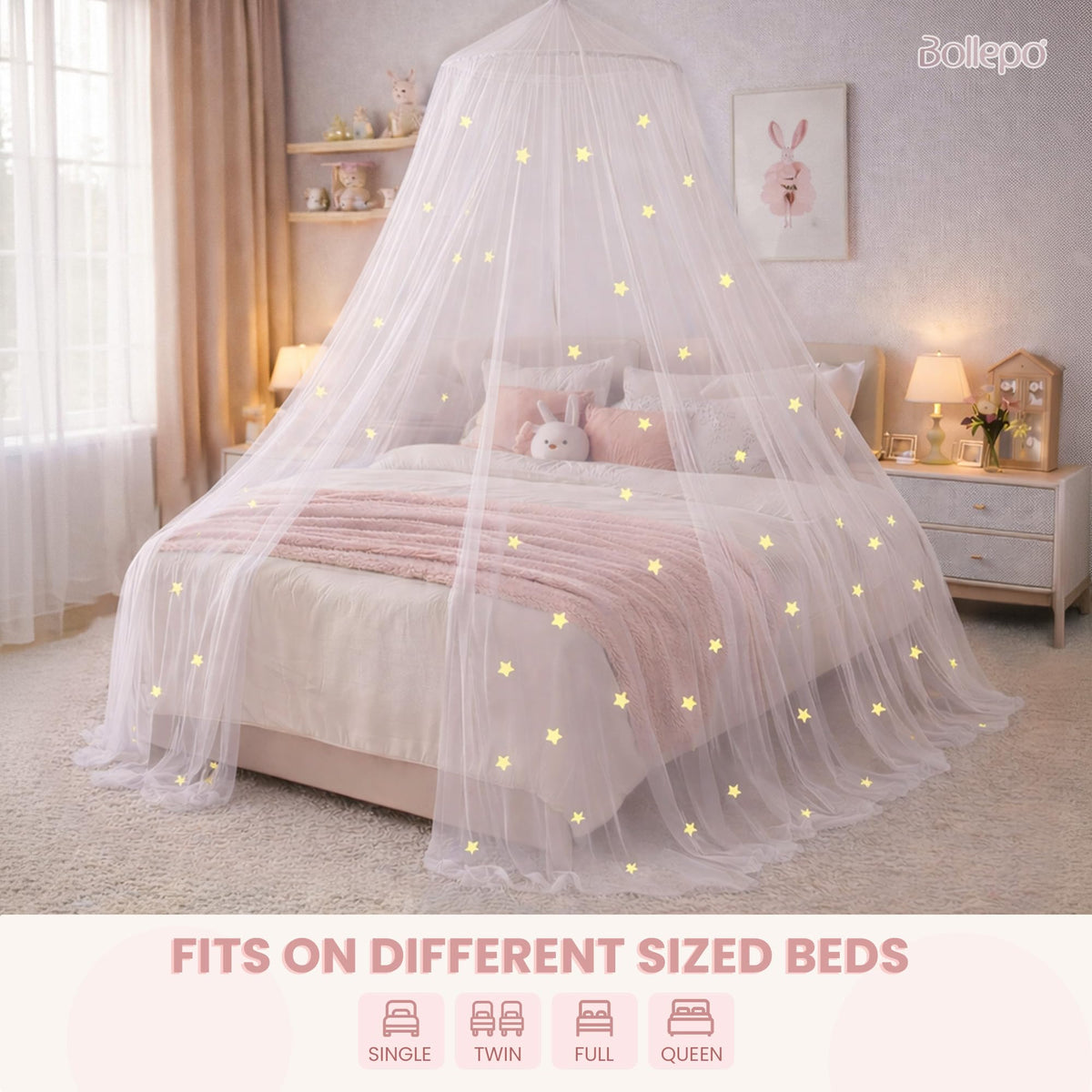 Bollepo glow star canopy over full bed fosters a princess themed sleeping space.