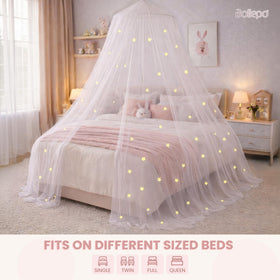 Bollepo glow star canopy over full bed fosters a princess themed sleeping space.