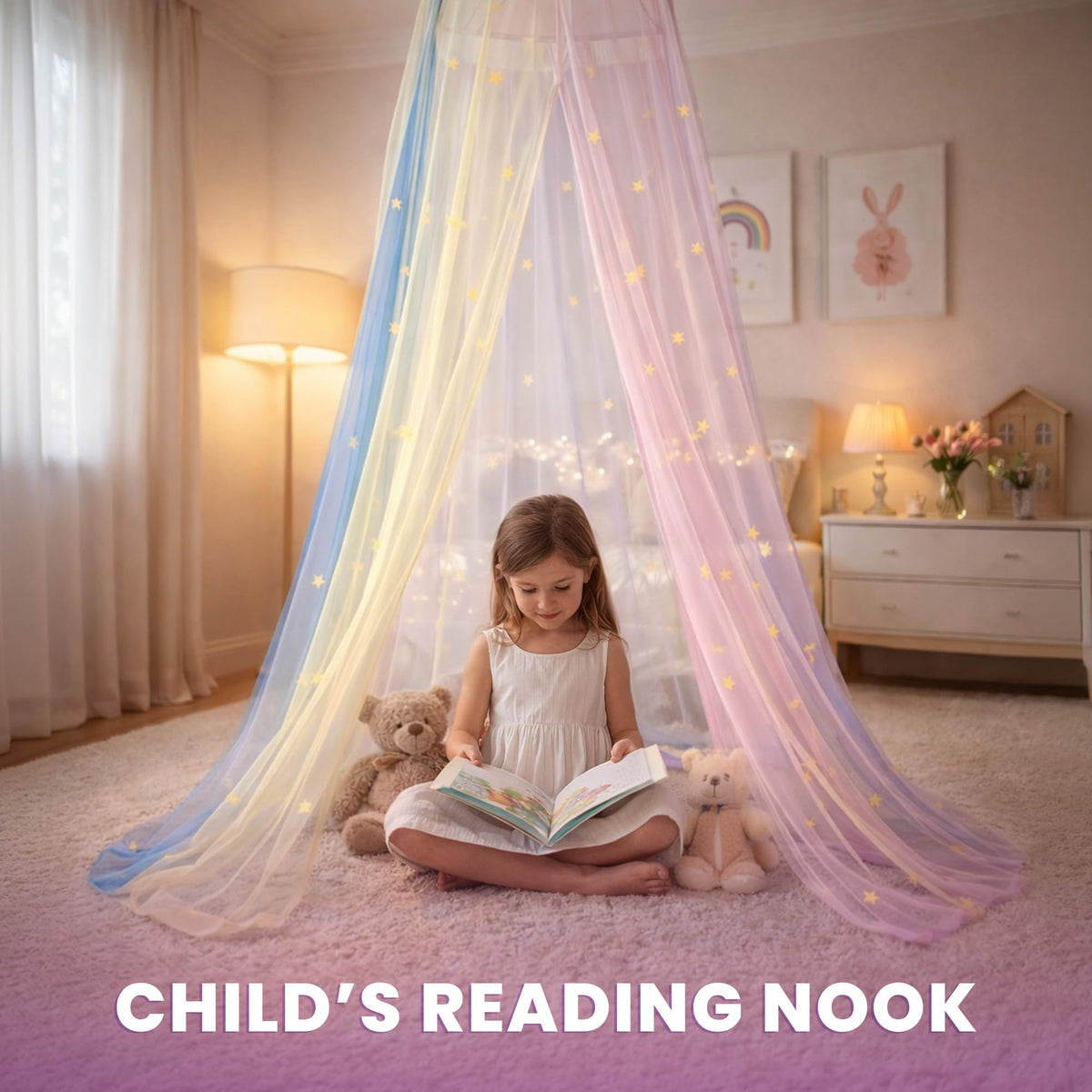 Princess reading nook created by Bollepo canopy in a colorful bedroom
