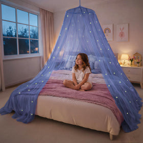 Bollepo blue canopy bed with starry glow exterior view inspires imaginative play
