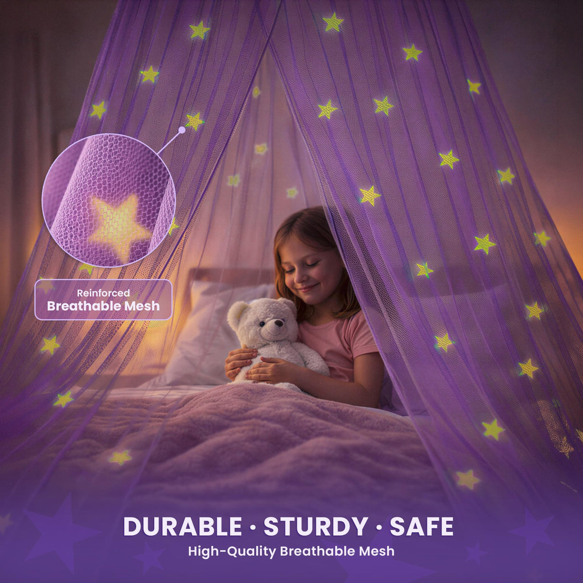 Bollepo flame-retardant polyester canopy offers safe airflow for cozy sleep spaces.