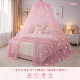 Bollepo princess netting highlights a cozy reading nook under the canopy.
