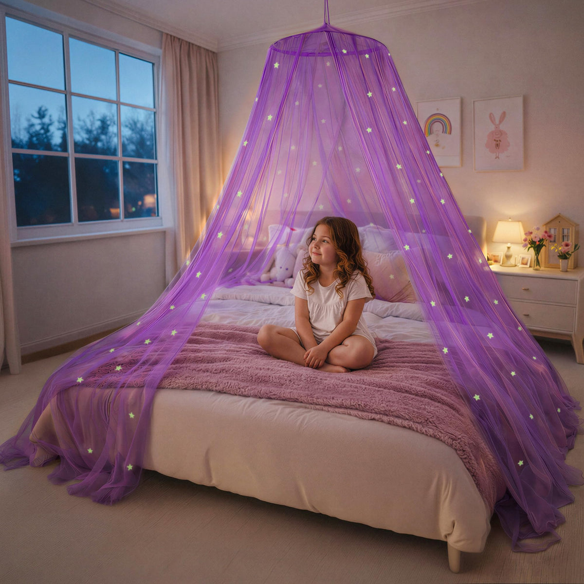 Bollepo purple bed canopy with glowing stars adds magical ambiance to your child's room.