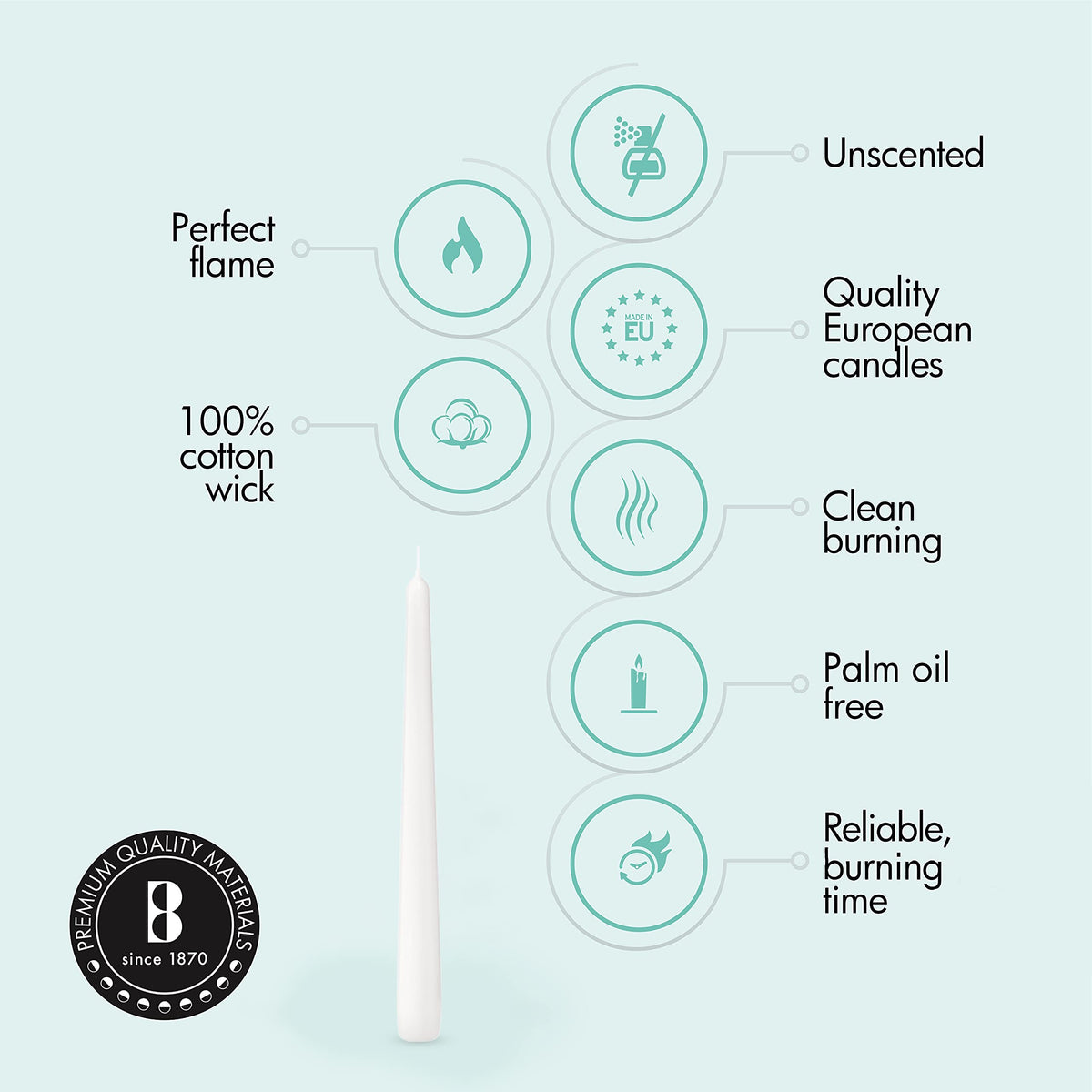 Bolsius 100% cotton wick taper candles offer a steady, even flame