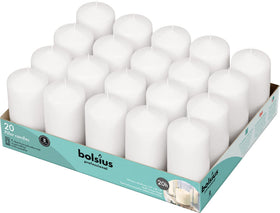 Bolsius 20-count white pillar candles for elegant table lighting.