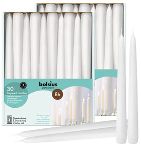 Bolsius 60-count white 10-inch taper candles illuminate tables with a clean, elegant glow