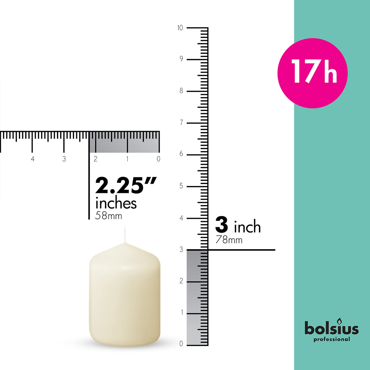 Bolsius Ivory pillar candles 2.3x3 inch in a 12-pack arranged for a dinner centerpiece.