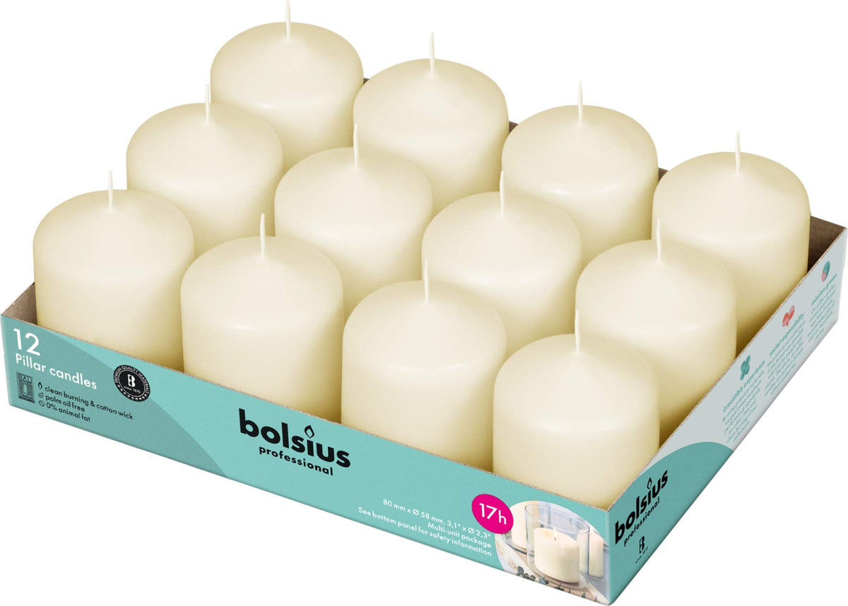 Bolsius Ivory pillar candles 12-pack for elegant centerpieces and clean-burning ambience.