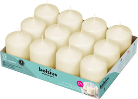 Bolsius Ivory pillar candles 12-pack for elegant centerpieces and clean-burning ambience.
