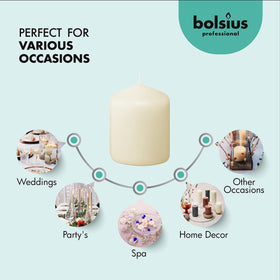 Bolsius Ivory pillar candles packaging in sturdy box for safe shipping.