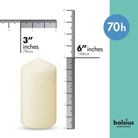 Bolsius ivory pillar candle 3x6-inch close-up showing dripless, smokeless performance.