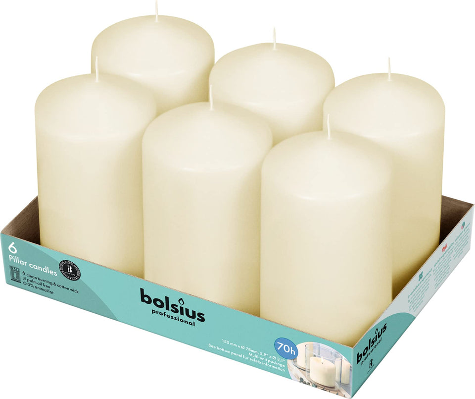 Bolsius Ivory Pillar Candles 6-pack illuminate elegant tables with long, even burn-time ambiance.