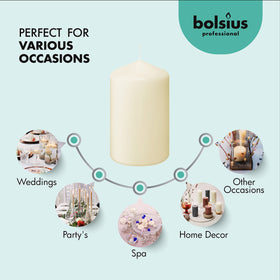 Bolsius ivory pillar candles on a wedding table centerpiece creating warm, romantic lighting.