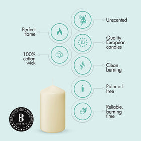 Bolsius Ivory Pillar Candles in a dining setup highlighting clean, unscented atmosphere.
