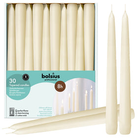 Bolsius Ivory 10-inch taper candles in packaging, ready for elegant home décor