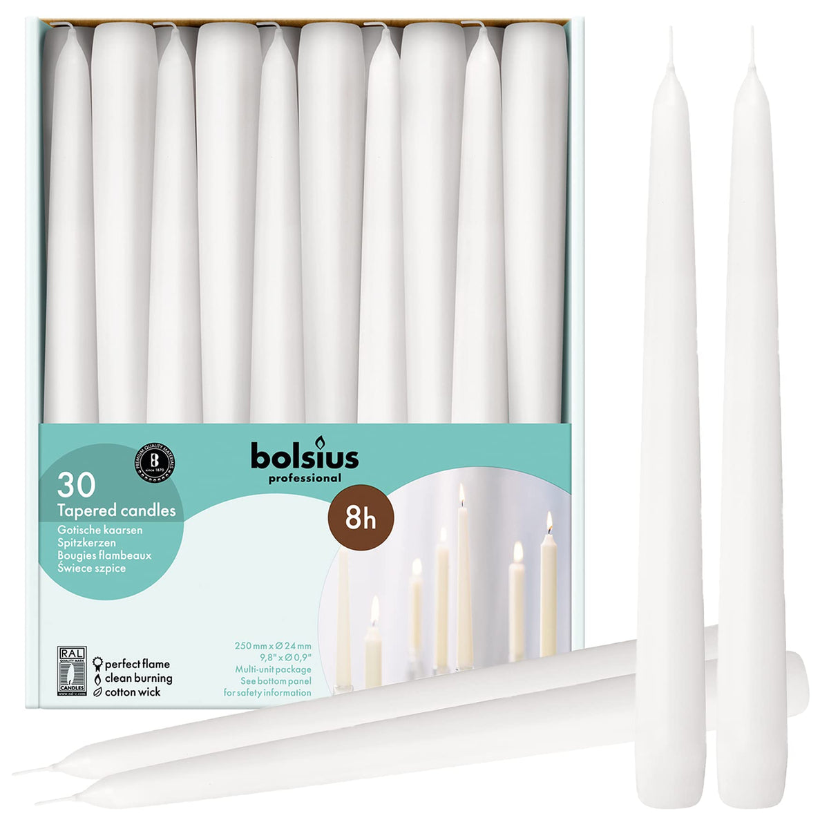 BOLSIUS long white taper candles in 10-inch height for elegant table decor.
