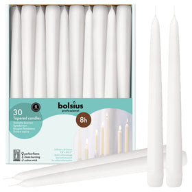 BOLSIUS long white taper candles in 10-inch height for elegant table decor.
