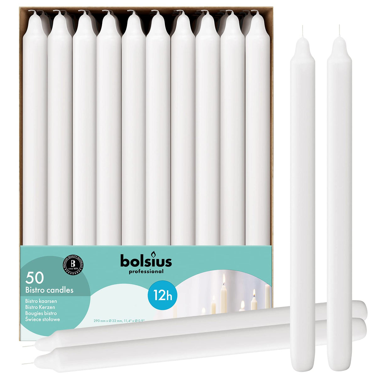 Bolsius white candlesticks bulk 50-pack on a dining table for refined ambiance.