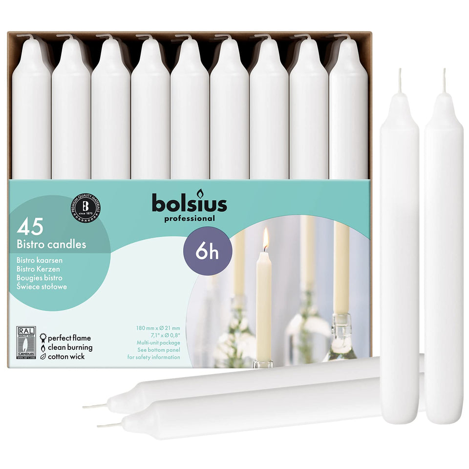 Bolsius white 7-inch dinner candle in a 45-count bulk pack for elegant lighting