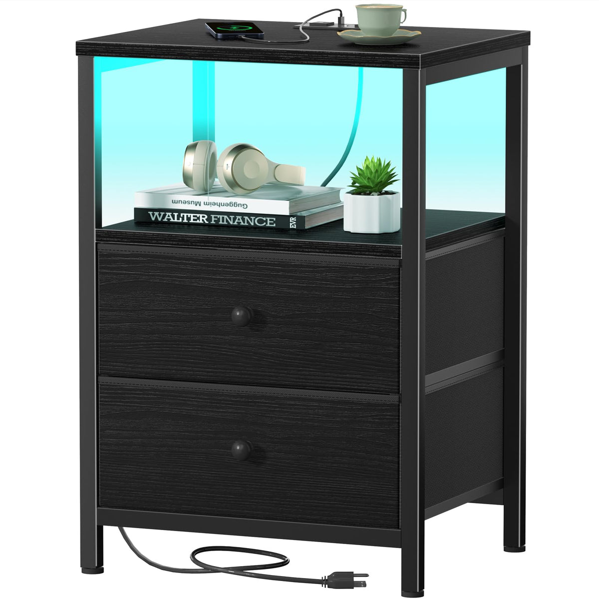 BOLUO black nightstand with charging-station keeps devices powered within arm's reach.