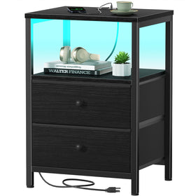 BOLUO black nightstand with charging-station keeps devices powered within arm's reach.