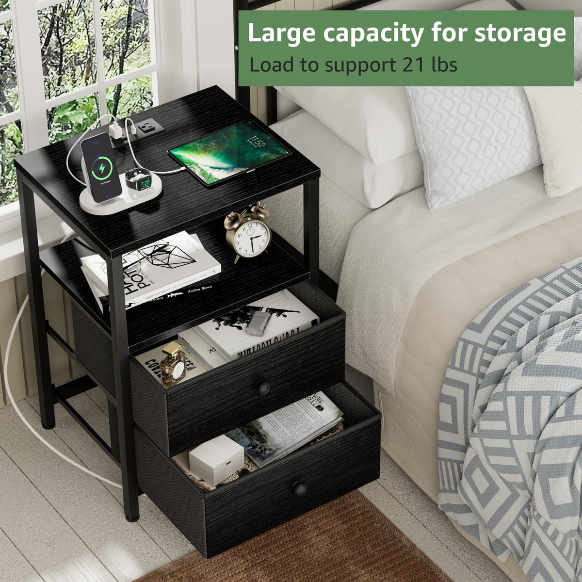 BOLUO black nightstand fabric drawers with leather fronts for elegant storage.