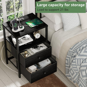 BOLUO black nightstand fabric drawers with leather fronts for elegant storage.