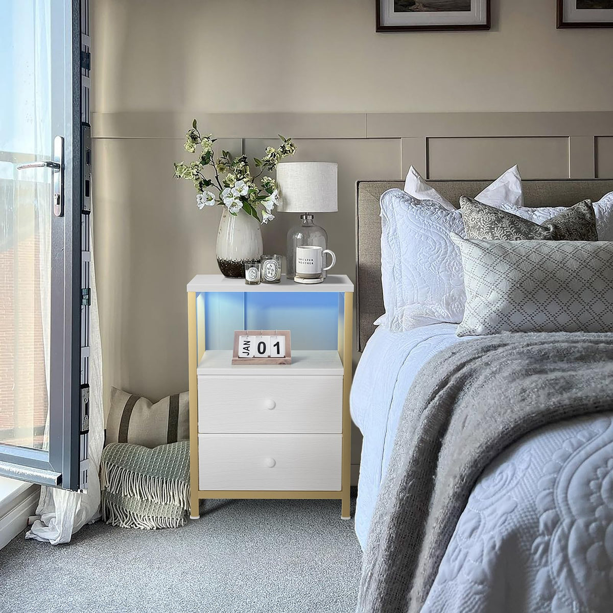 BOLUO Gold nightstand drawer detail with fabric front for soft, clean storage