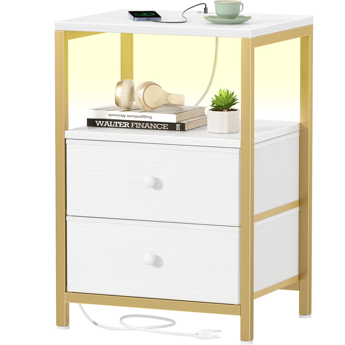BOLUO Gold nightstand front view with integrated charging for easy bedside device use
