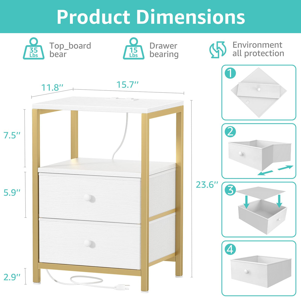 BOLUO Gold nightstand top view showing sturdy surface supports lamps and decor