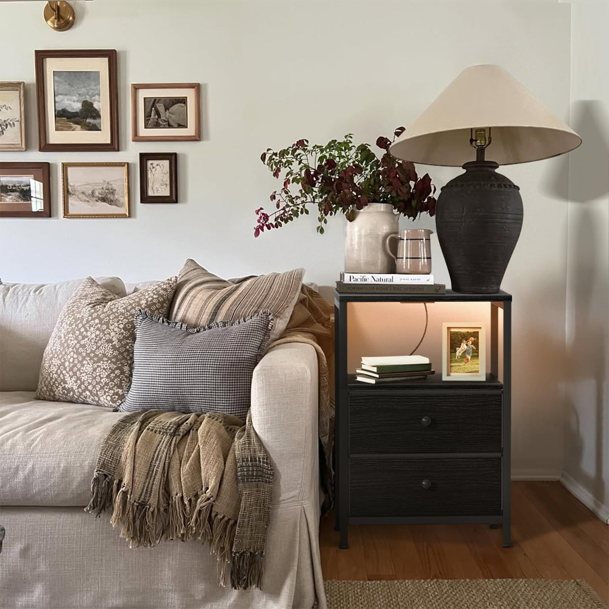 BOLUO nightstand open shelf provides extra storage space beneath the top.