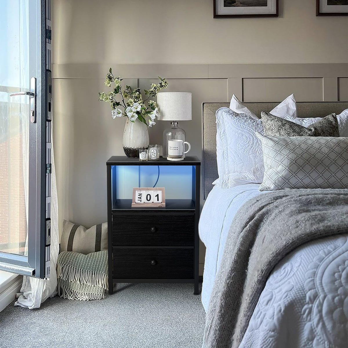 BOLUO nightstand top surface supports up to 35 lbs for lamps or decor.