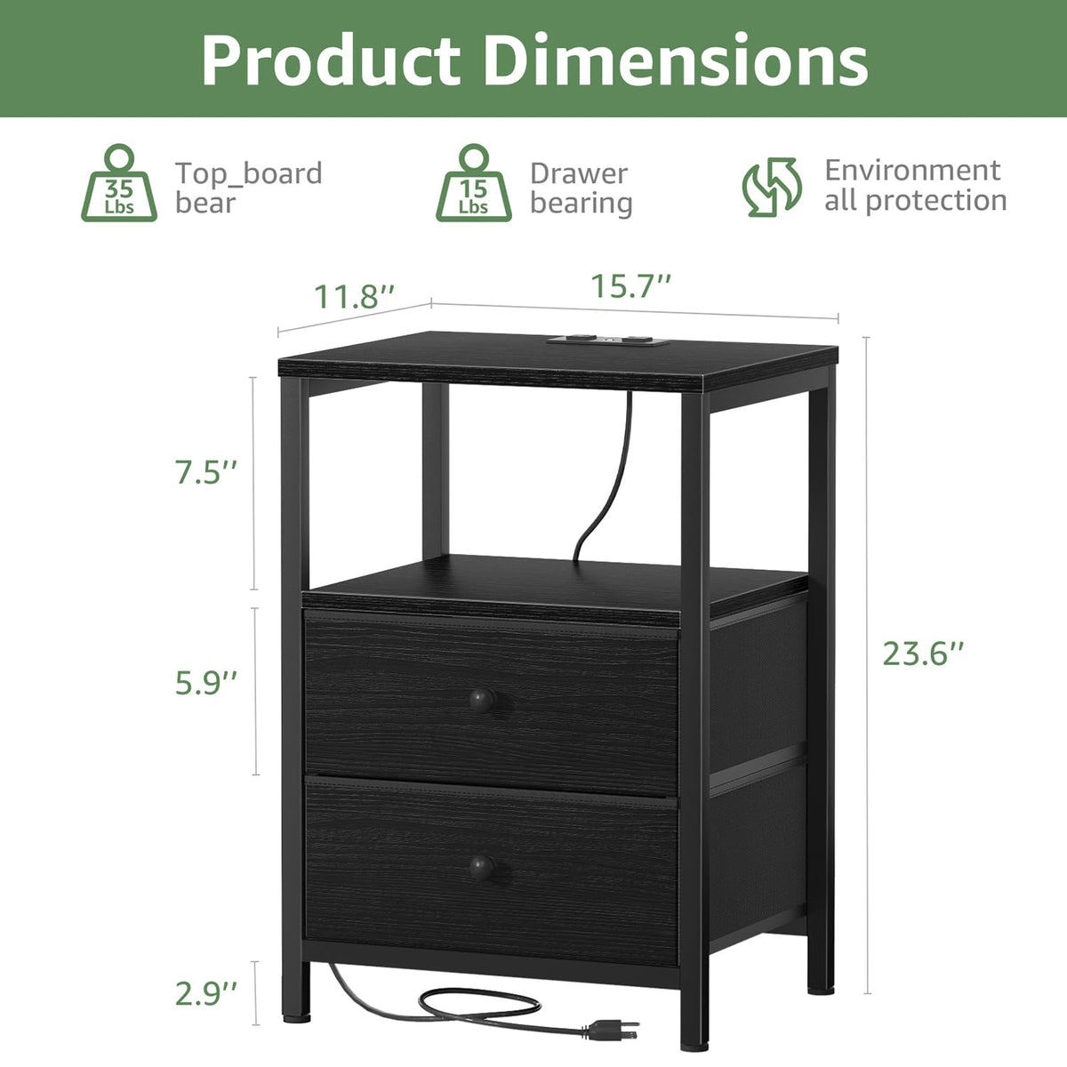 BOLUO nightstand with USB and power outlets for bedside charging.