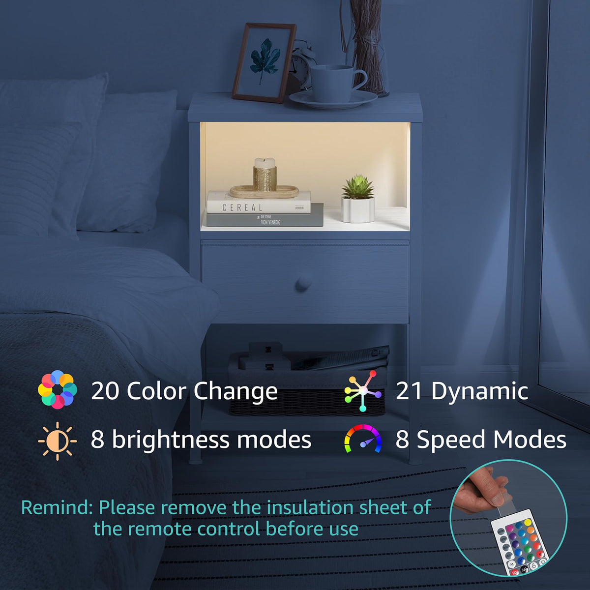 BOLUO modern white nightstand creates organized bedroom ambience.
