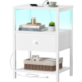 BOLUO white nightstand with charging station and fabric drawer front for tidy bedside storage.