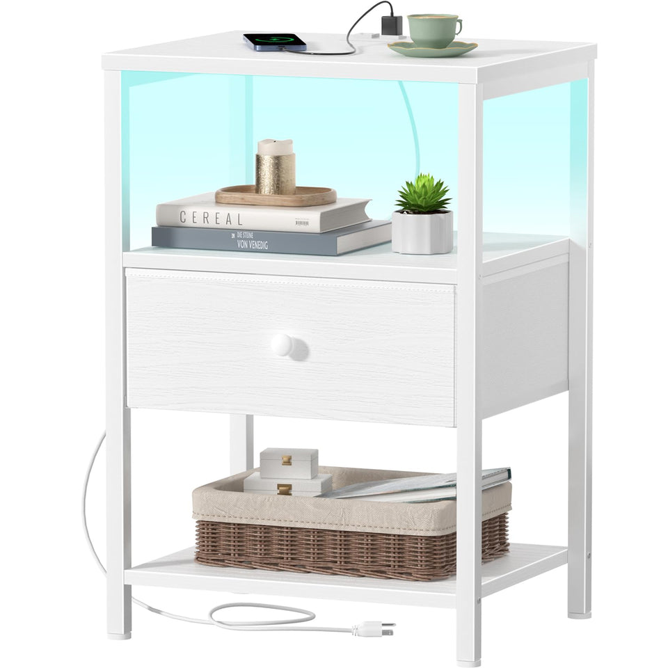 BOLUO white nightstand with charging station and fabric drawer front for tidy bedside storage.